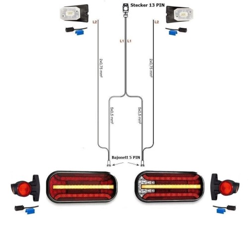 Led Rückleuchten Set mit dynamischen Blinkern + 5 Meter Kabelbaum 13 polig