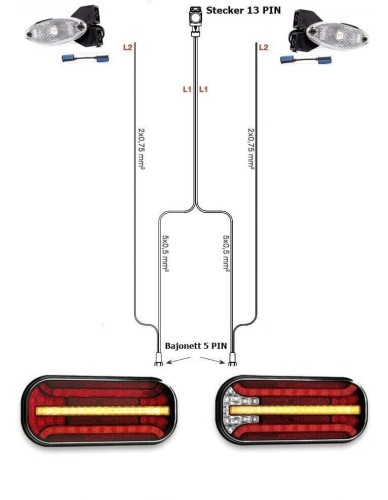 Led Rückleuchten Set mit dynamischen Blinkern + 7 Meter Kabelbaum 13 polig