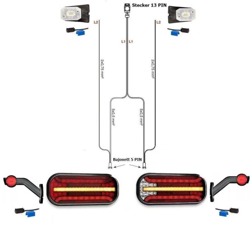 Led Rückleuchten Set dynamische Blinker mit 7 Meter Kabelbaum 13 polig