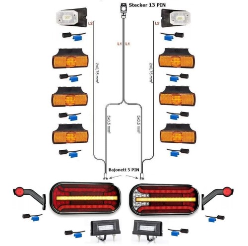 LED Rückleuchten Set Laufblinker 9 Meter Kabelbaum 13PIN