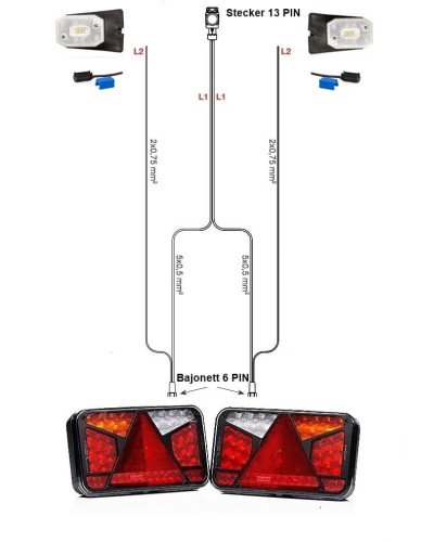 Led Rückleuchten Set mit Canbus Bajonett 6PIN Kabelabum 13 polig 7 Meter