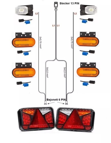 Led Rückleuchten Set mit Canbus Bajonett 6PIN Kabelabum 13 polig 7 Meter