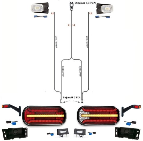 Led Anhängerbeleuchtung mit Laufblinker + 7 Meter Kabelbaum