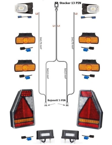 LED-Rückleuchten Pferdeanhänger Beleuchtung Trailer Earpoint 7 Meter Kabelbaum 13 pol