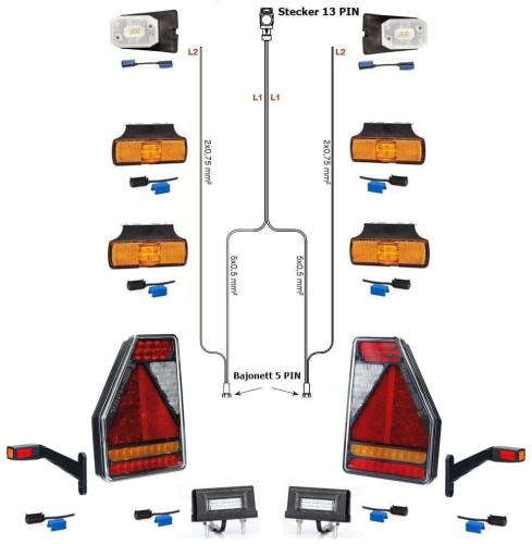 LED-Rückleuchten Pferdeanhänger Beleuchtung Trailer Earpoint 7 Meter Kabelbaum 13 pol