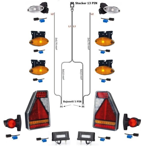 LED-Rückleuchten Pferdeanhänger Beleuchtung Trailer Earpoint 7 Meter Kabelbaum 13 polig