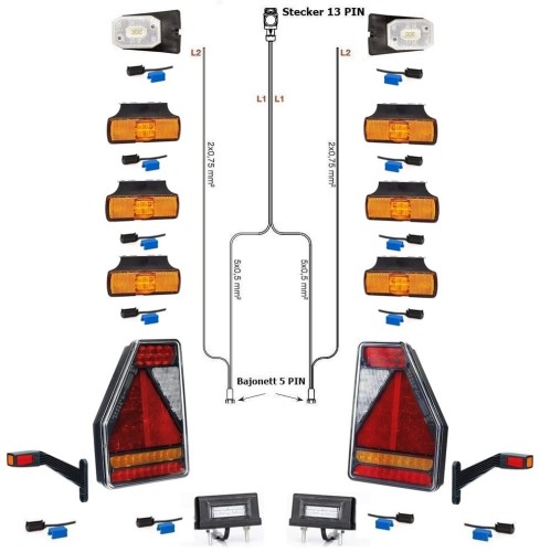 LED-Rückleuchten Pferdeanhänger Beleuchtung Trailer Earpoint 9 Meter Kabelbaum 13 polig