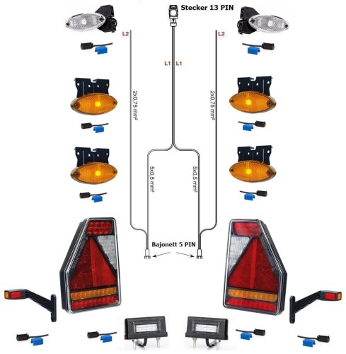 LED-Rückleuchten Pferdeanhänger Beleuchtung Trailer Earpoint 7 Meter Kabelbaum 13 polig