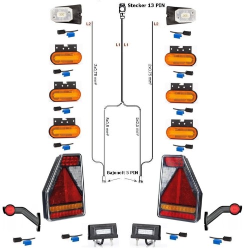 LED-Rückleuchten Anhänger Beleuchtung Trailer Earpoint 9 Meter Kabelbaum 13 polig Umrissleuchten
