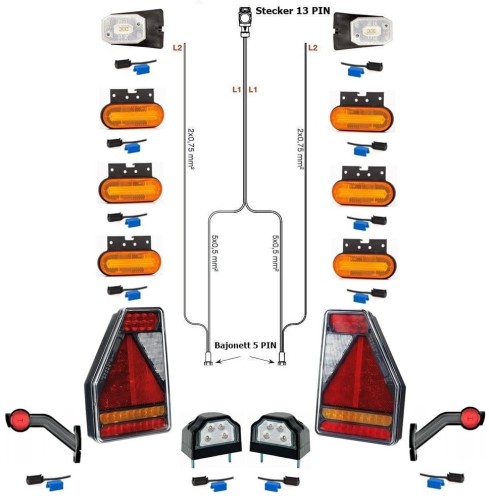 LED-Rückleuchten Pferdeanhänger Beleuchtung Trailer Earpoint 9 Meter Kabelbaum 13 polig