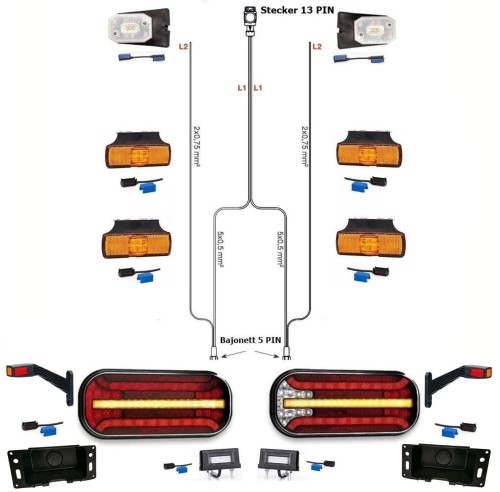 Led Anhängerbeleuchtung mit Laufblinker + 7 Meter Kabelbaum polig