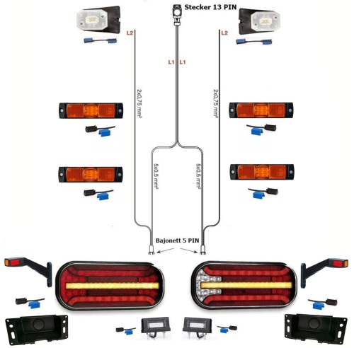 Led Anhängerbeleuchtung mit Laufblinker + 7 Meter Kabelbaum polig