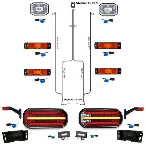 Led Anhängerbeleuchtung mit Laufblinker + 7 Meter Kabelbaum polig