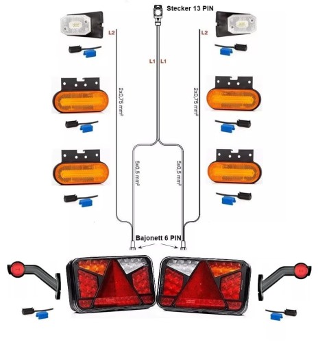 Led Rückleuchten Set mit Canbus Bajonett 6PIN + 7 Meter Kabelabum 13 polig