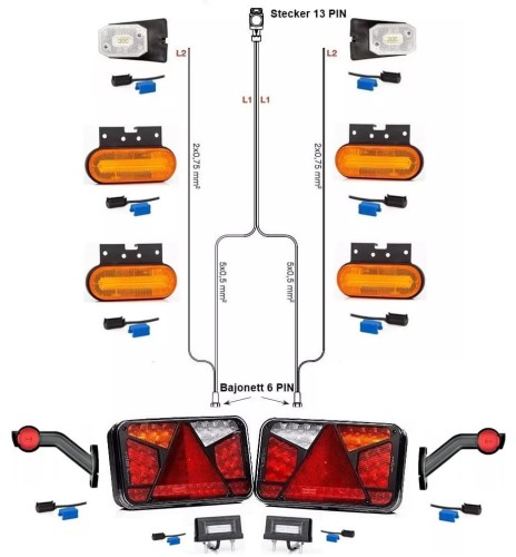 Led Rückleuchten Set mit Canbus Bajonett 6PIN + 7 Meter Kabelabum 13 polig