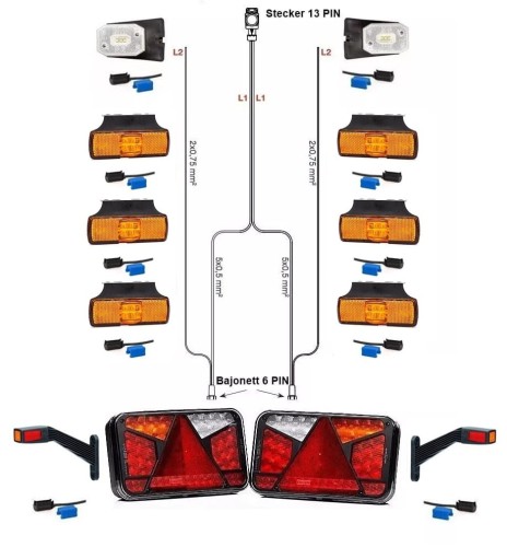 Led Rückleuchten Set mit Canbus Bajonett 6PIN + 7 Meter Kabelabum 13 polig