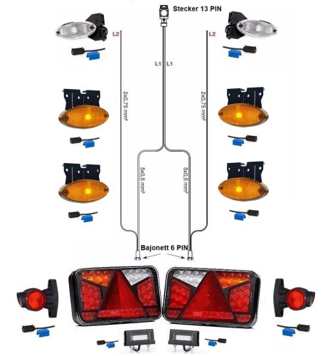 Led Rückleuchten Set mit Canbus Bajonett 6PIN + 7 Meter Kabelabum 13 polig