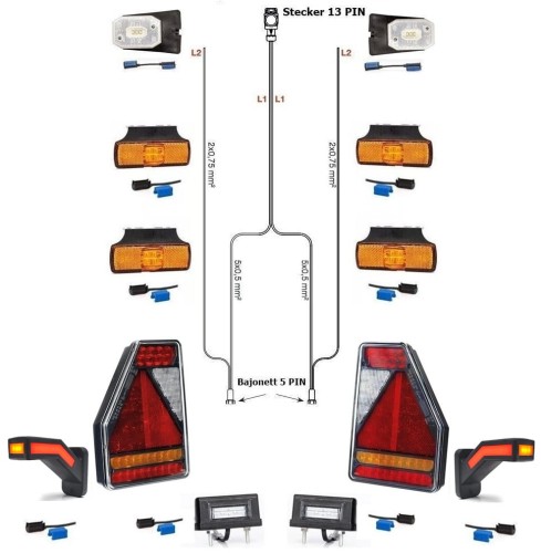 LED-Rückleuchten Pferdeanhänger Beleuchtung Trailer Earpoint 7 Meter Kabelbaum 13 polig