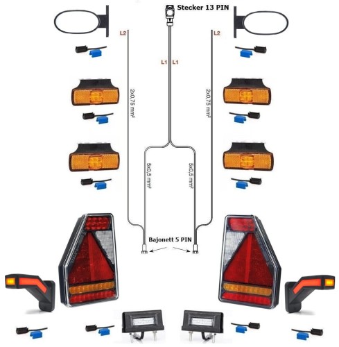 LED-Rückleuchten Pferdeanhänger Beleuchtung Trailer Earpoint 7 Meter Kabelbaum 13 polig