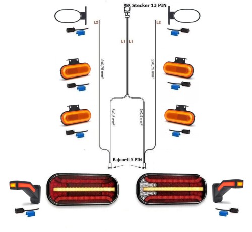 Led Rückleuchten Set mit dynamischen Blinkern + 5 Meter Kabelbaum