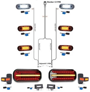 LED Rückleuchten Anhängerbeleuchtung Set Laufblinker Bajonett 7M Kabelbaum 13PIN