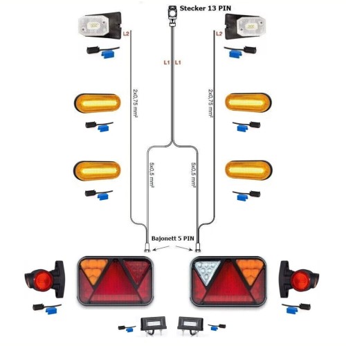 Led Rückleuchten Set Anhänger mit Canbus 7m Kabelbaum 13 polig Umrissleuchten-SET