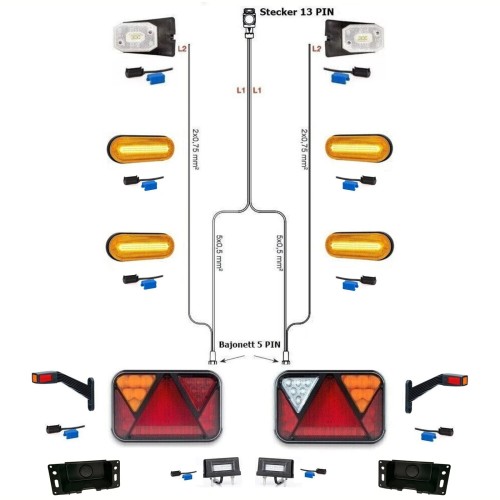 Led Rückleuchten Set Anhänger mit Canbus 7m Kabelbaum 13 polig Umrissleuchten-SET