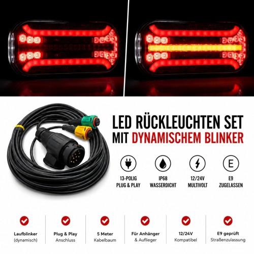 Fristom LED Rückleuchten Set Anhänger mit 5m Kabelbaum 13-polig